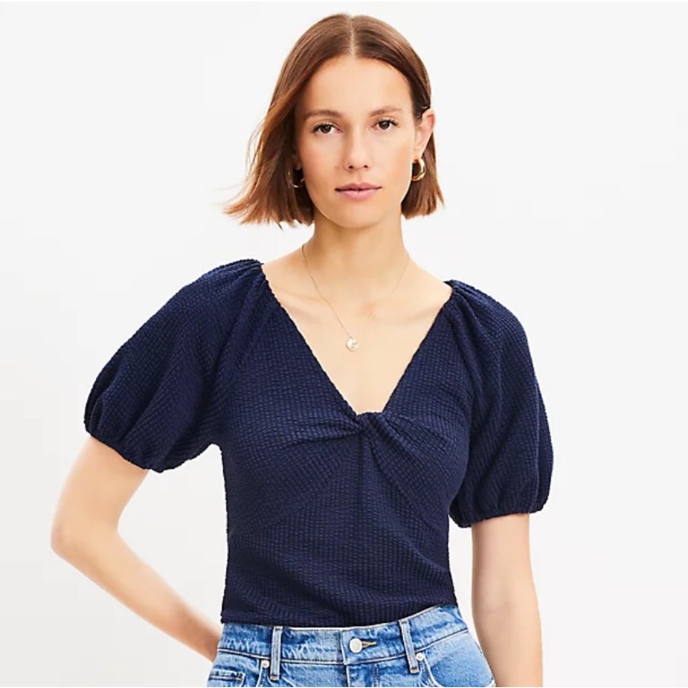 Loft Seersucker Twist Puff Sleeve Top